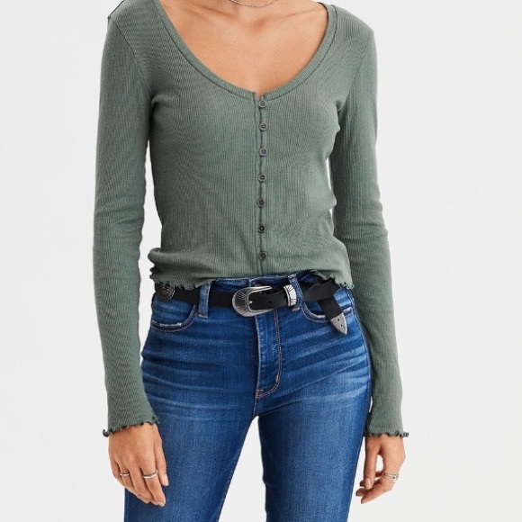 American Eagle Outfitters Tops - American Eagle Rib Lettuce-Hem Button-Down Henley